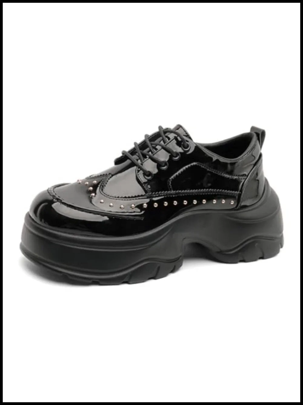 Patent Leather Rivet Platform Motorcycle Boots with Side Zipper